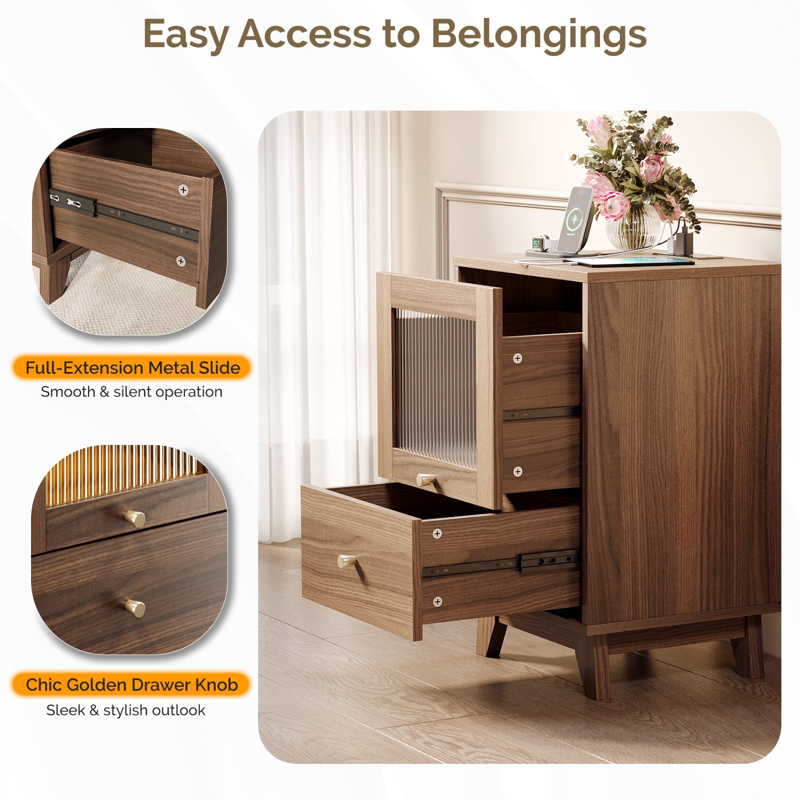 2-Drawer Bedside Table with Frosted Glass, Socket, and 16-Color Light, Walnut, 15.75 x 13.74 x 24.6 in