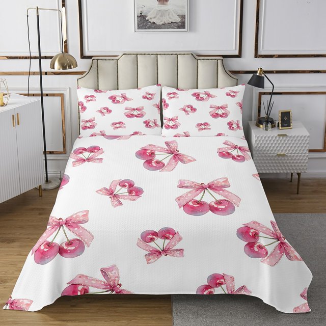 Erosebridal Cartoon Ribbon Coverlet Set Twin, Bow Cherry Bedding Set, Pink, 2 Pieces