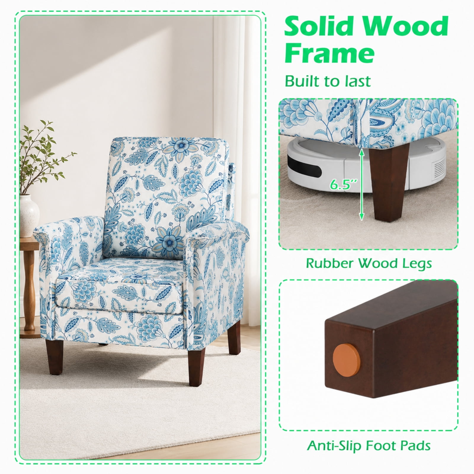 Furnibear Floral Accent Chair Farmhouse Boho Armchair with Solid Wood Legs and High Back for Living Room Bedroom Reading Nook Accent Lounge Home, Blue