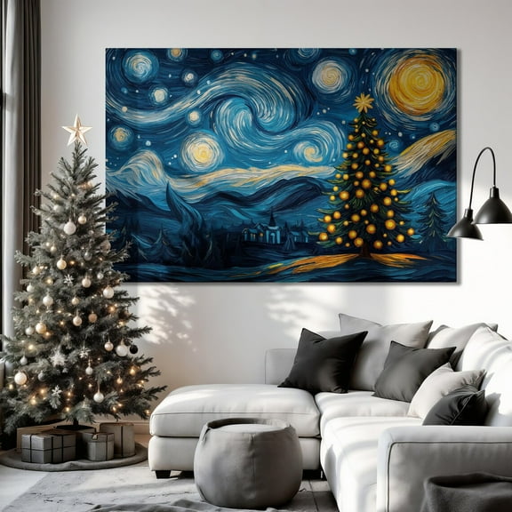 Winter Starry Night Wall Art Festive Tree And Swirling Sky Poster Winter Wall Decor Poster UNFRAMED Poster, 8x12