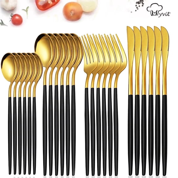 MYVIT Black Gold Silverware Set for 6,Luxury Kitchen Dining Utensil Set Lunch Party Wedding Cutlery Set,Stainless Steel Metal Flatware Spoons Forks Set Dishwasher Safe