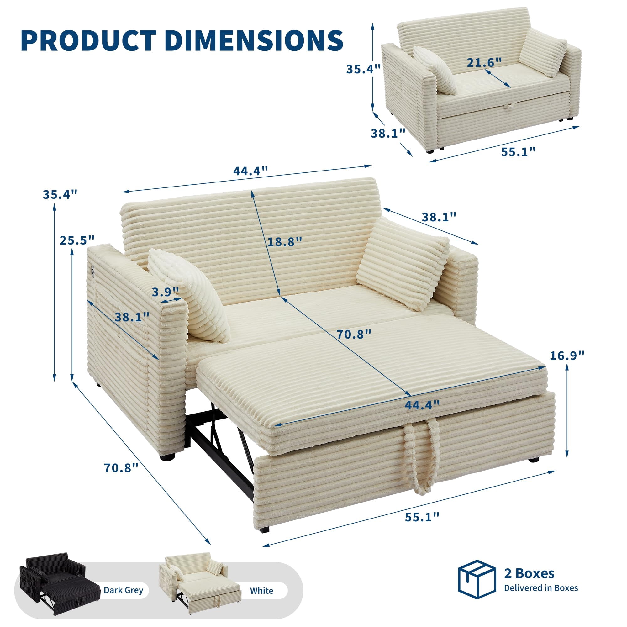 48'' Corduroy Loveseat Sleeper Sofa Bed with Pull-Out Bed, Adjustable Backrest & Charging Ports for Living Room, Bedroom & Apartment
