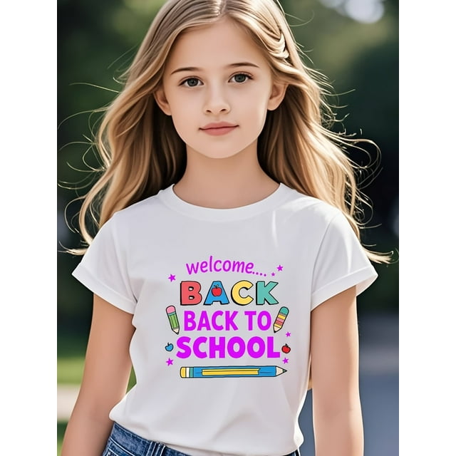 T-Shirt Fille "Welcome Back to School" - Coton Confortable, Imprimé Dessin Animé Coloré, Manches Courtes, Style Décontracté d'Été avec Crayon et Graphiques Arc-en-Ciel, Fournitures Scolaires pour Fille