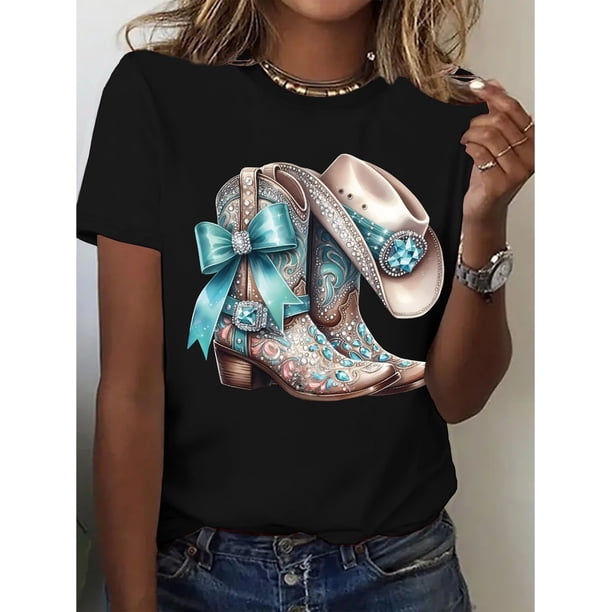 Women'S Fashion T-Shirt with Cowboy Boot & Hat Print - Casual Round Neck Short Sleeve Tee, White with Blue Bow & Gemstone Design, All-Season Comfort, Casual Wear | Western | Comfortable Fit