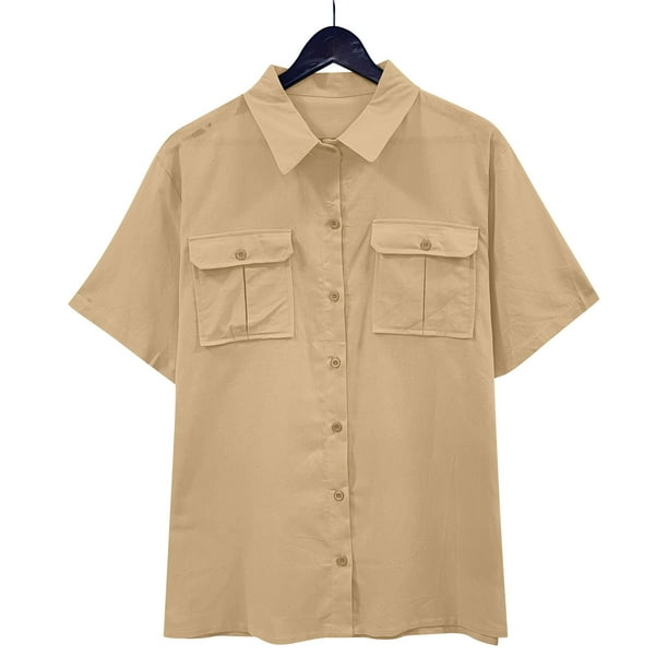 Puntoco Camisa De Manga Corta Con Solapa De Un Solo Pecho Y Doble Bolsillo Unisex De Verano top/Camisa Con Solapa De Manga Corta Caqui Xl, Regalo Para Mujer