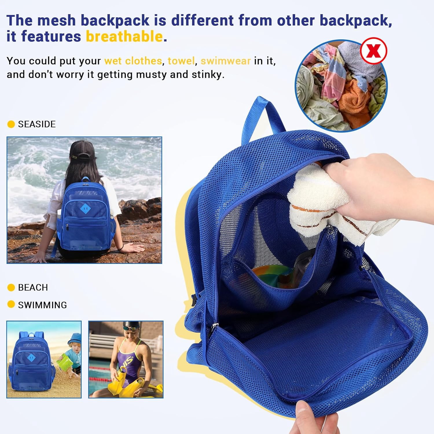 DAKIMOE Mesh Backpack School Backpack Bookbag Heavy Duty See Through Transparent Backpack Stadium Approved Large Capacity with Multiple Compartments Pockets for School Beach Swimming Sports Work