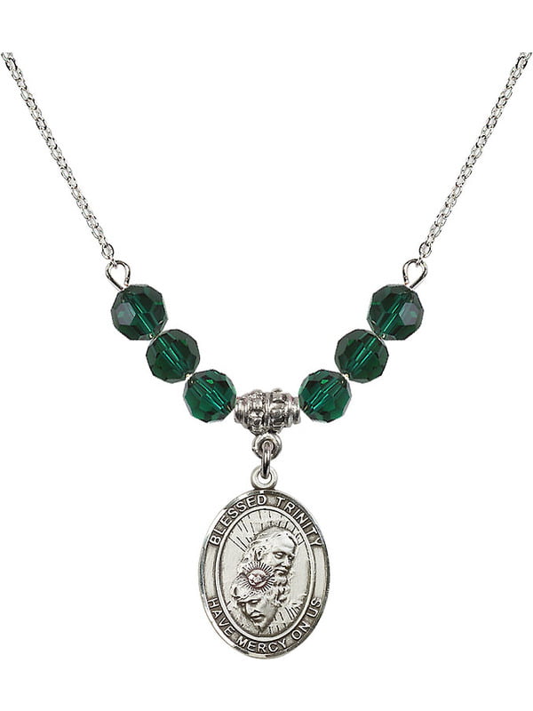 18-Inch Rhodium Plated Necklace with 4mm Aqua Birthstone Beads and Sterling Silver Blessed Trinity Charm. 