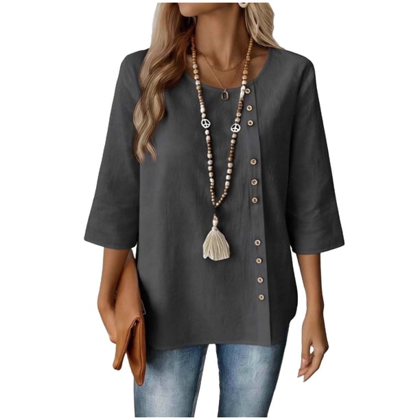 Mujeres 3/4 Manga Tops Y Blusas de Color Sólido con Botones Cuello Redondo Casual Top de Moda 3/4 Manga Tops Casuales para Mujeres