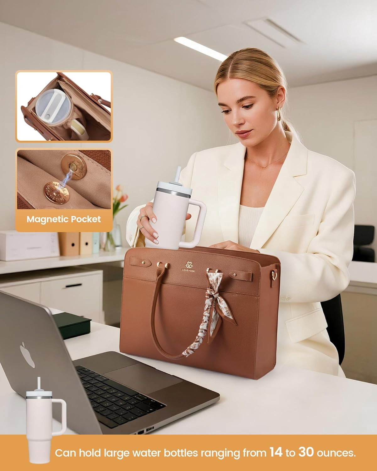 LOVEVOOK Laptop Tote Bag for Women, PU Leather Work Bag Waterproof Briefcase Handbag for Teacher Business with Silk Scarf