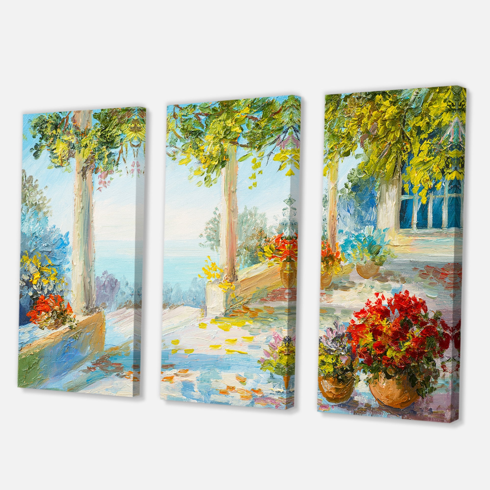 Designart ' Terrace With Red Flowers Near The Sea ' Nautical & Coastal Canvas Wall Art Print