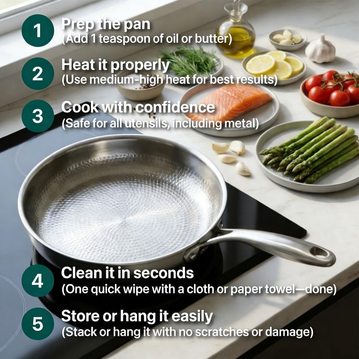 Titanium Pan, 12" 100% Pure Titanium Frying Pan with Lid, Hammered Non-Stick Skillet for All Stovetops, Professional Lightweight Cookware for Healthy Searing & Daily Cooking (11.8 in, With Lid)
