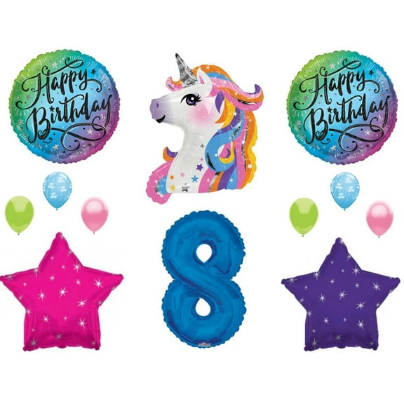 Blue 8th Neon RAINBOW UNICORN Happy Birthday Party Balloons Decoration Girl