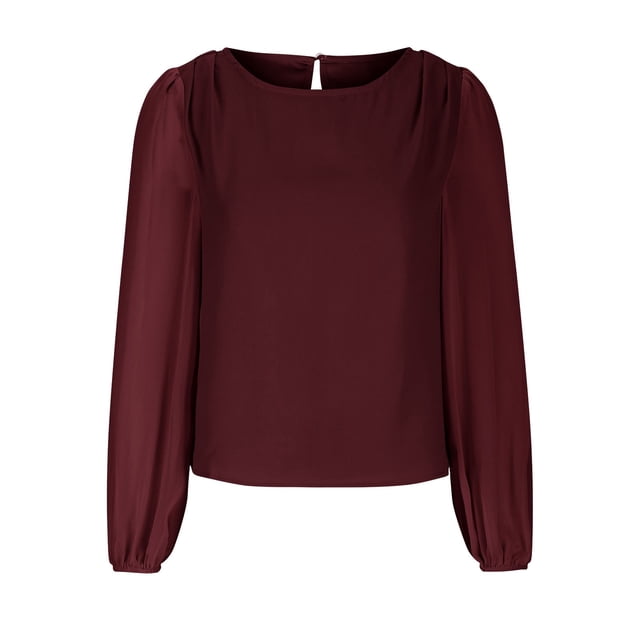 Timegard Womens Tops Chiffon Puff Long Sleeve Crewneck Ruched Back Button Tee Shirts Casual Loose Tops