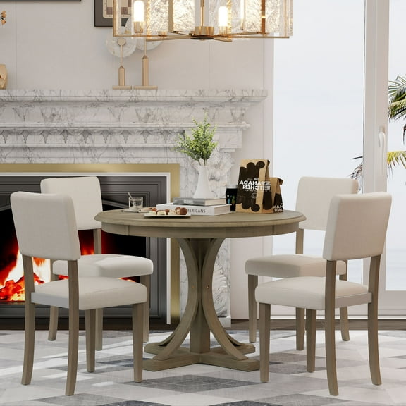 Retro Style 5 Piece Dining Set Kitchen Table Set with Curved Trestle Style Table Legs and 4 Upholstered Chairs, Table Set for 4 Persons Dining Room Table Set for Small Place