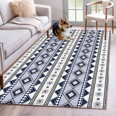 Rectangle Area Rug 4x6ft Blue Geometric Retro Boho Non-Slip Non-Shedding Floor Mat Abstract Tribe Stripe Washable Sturdy Carpet for Living Room Bedroom Home Decor