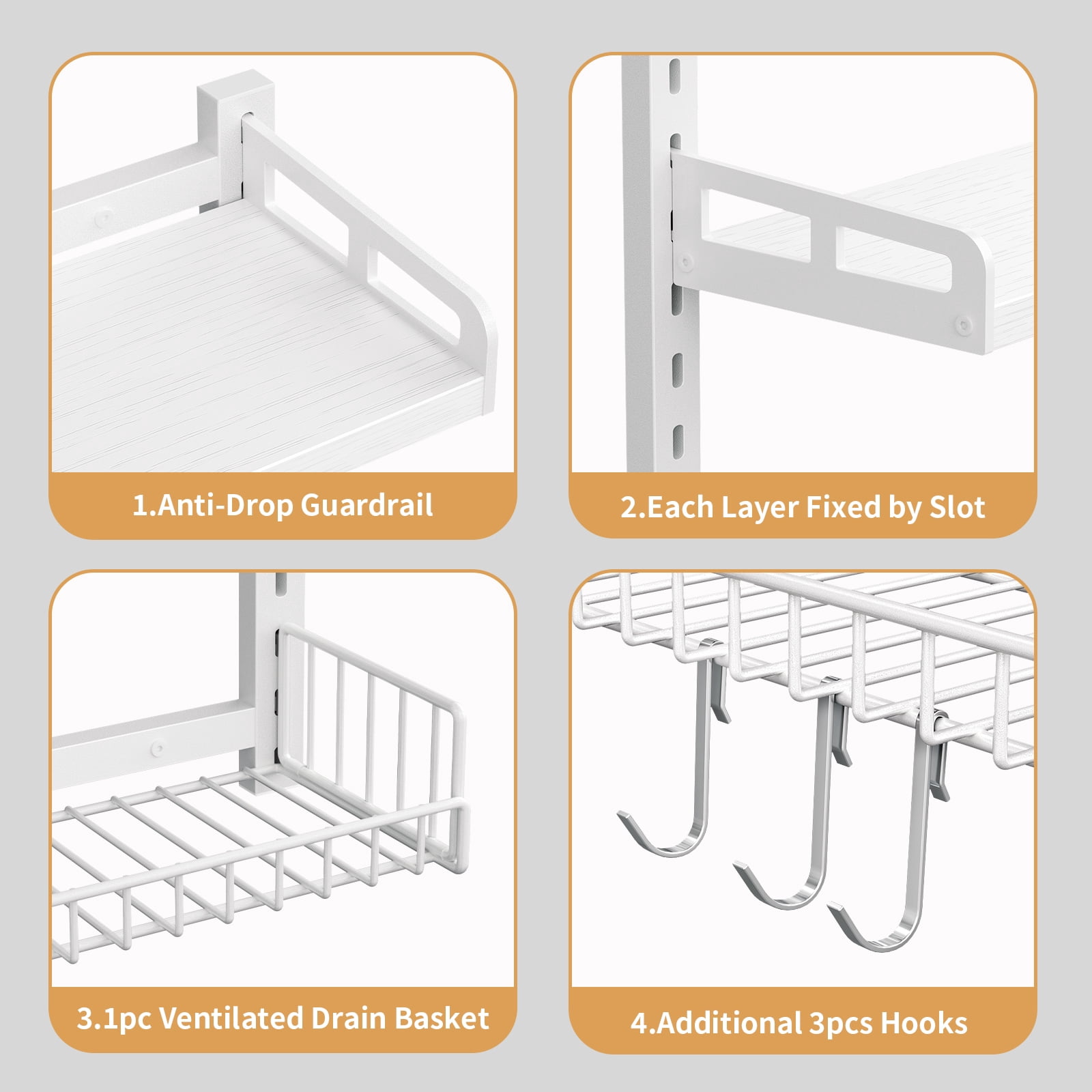 Biemlerfn 3-Tier Wall Mounted Storage Organizer Shelf, Space-Saving & Height-Adjustable Over The Toilet Storage Rack for Bathroom, Kitchen, Living Room, White