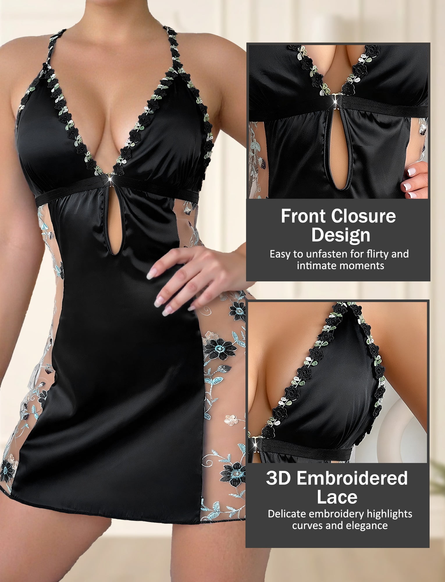 Ausing Women's Satin Nightgowns Sleepwear Floral Embroidered Deep V Sleep Dresses Lace Trim Sheer Chemise Closure Front Night Dress Mesh Babydoll Lingerie Set Night Dress M Black
