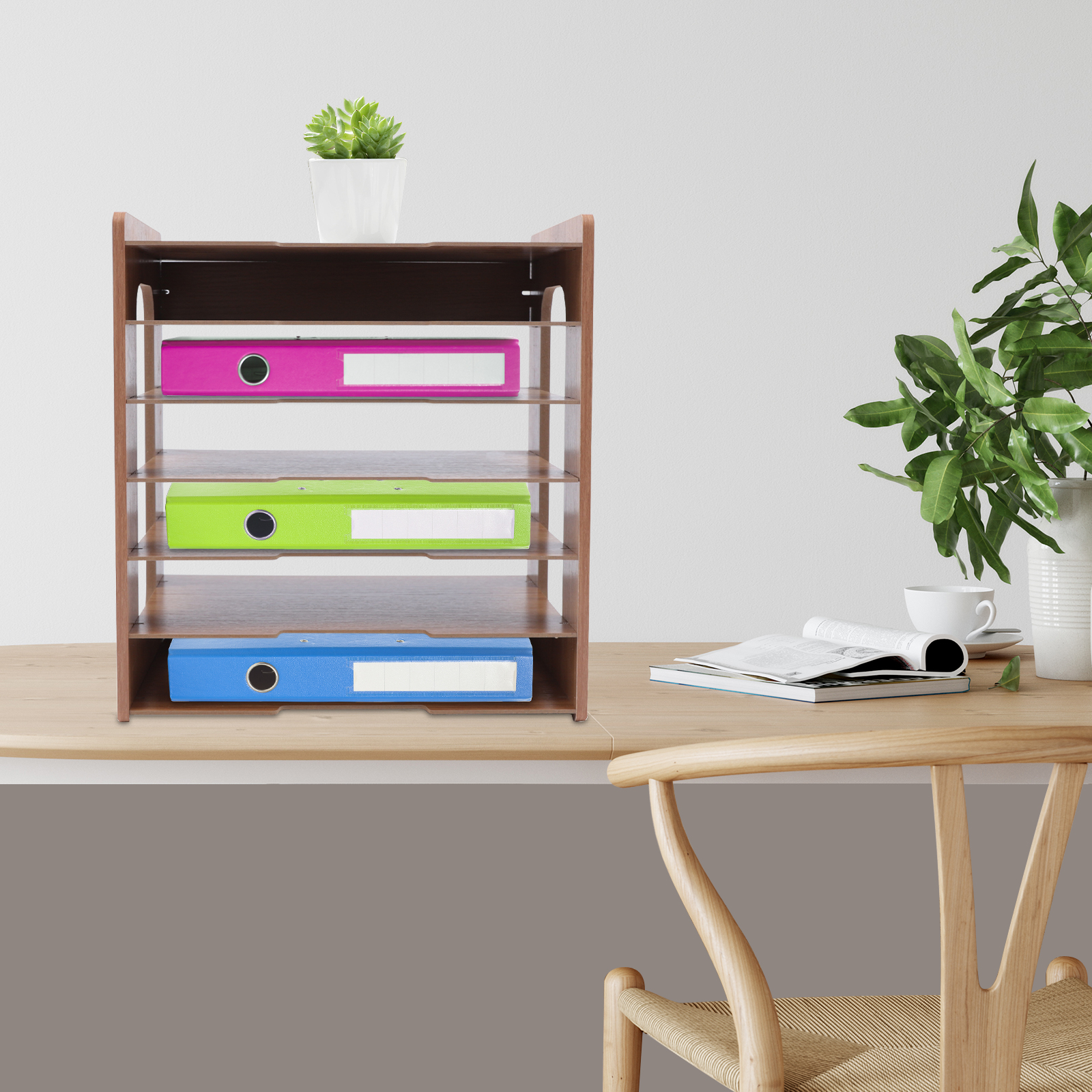 36*25*38.5cm Rectangular Natural Wood Color Widen Wood Office Paper Organizer Desk Desktop File Holder Desk Letter Tray