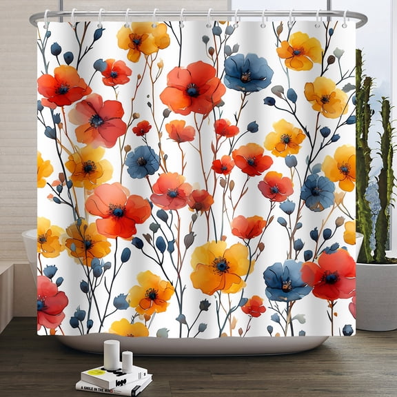 Pbobriich Boho Floral Shower Curtain,Wildflower Blossom Leaves Bathroom Shower Curtain with Hooks,72Wx72L