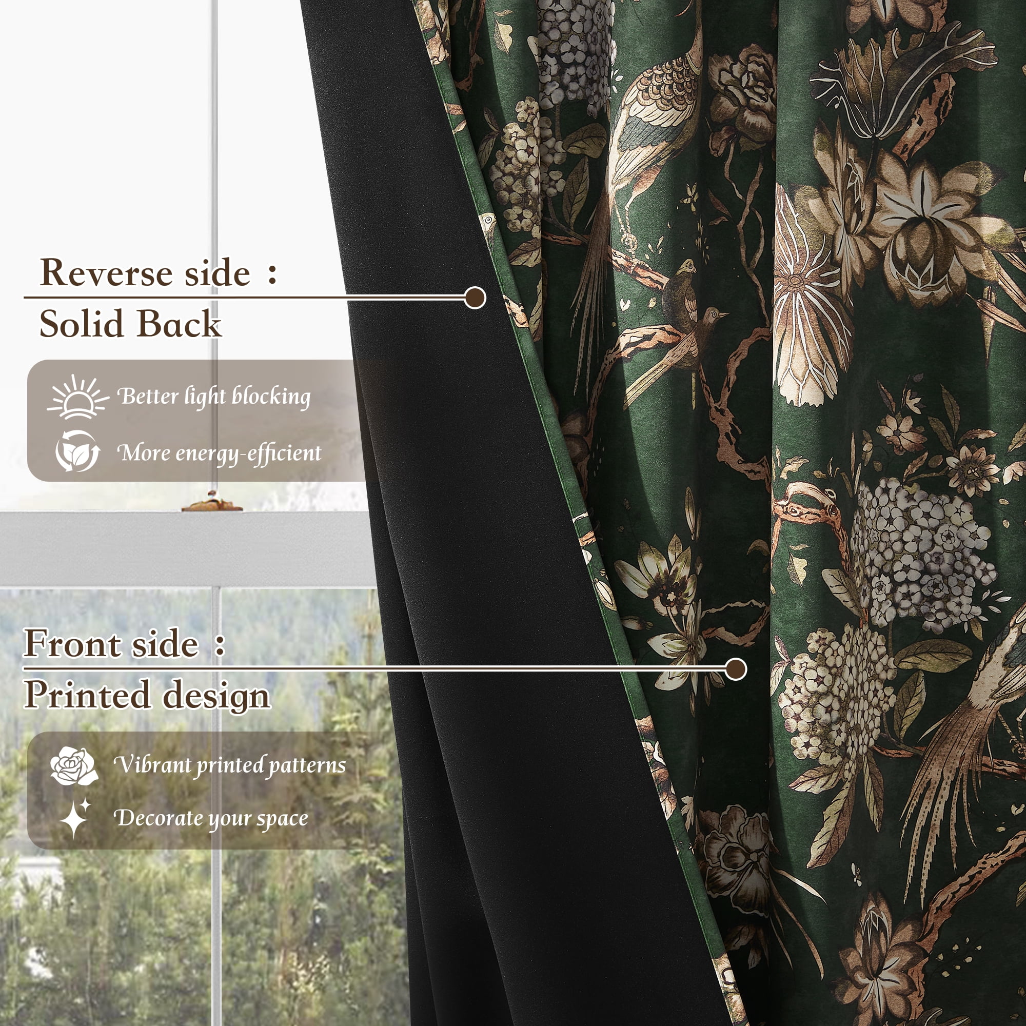 StangH Green 100% Blackout Floral Curtains Bird Pattern Vintage Home Decor Thermal Insulated with Backtab Drapes for Living Room, W52xL84, 2 Panels