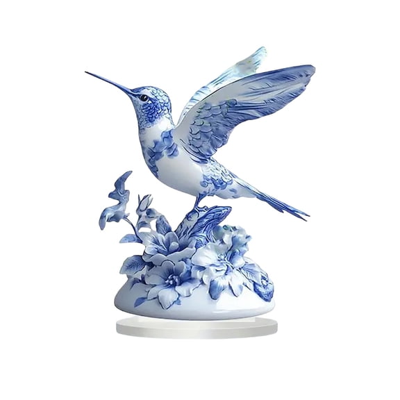 BUDAO00 Ceramic Chinoiserie Hummingbird Sculpture for Bathroom, Office, Room and Living Room Display Styling, Sculptural Figurine for Shelf or Coffee Table Decor, Blue & White