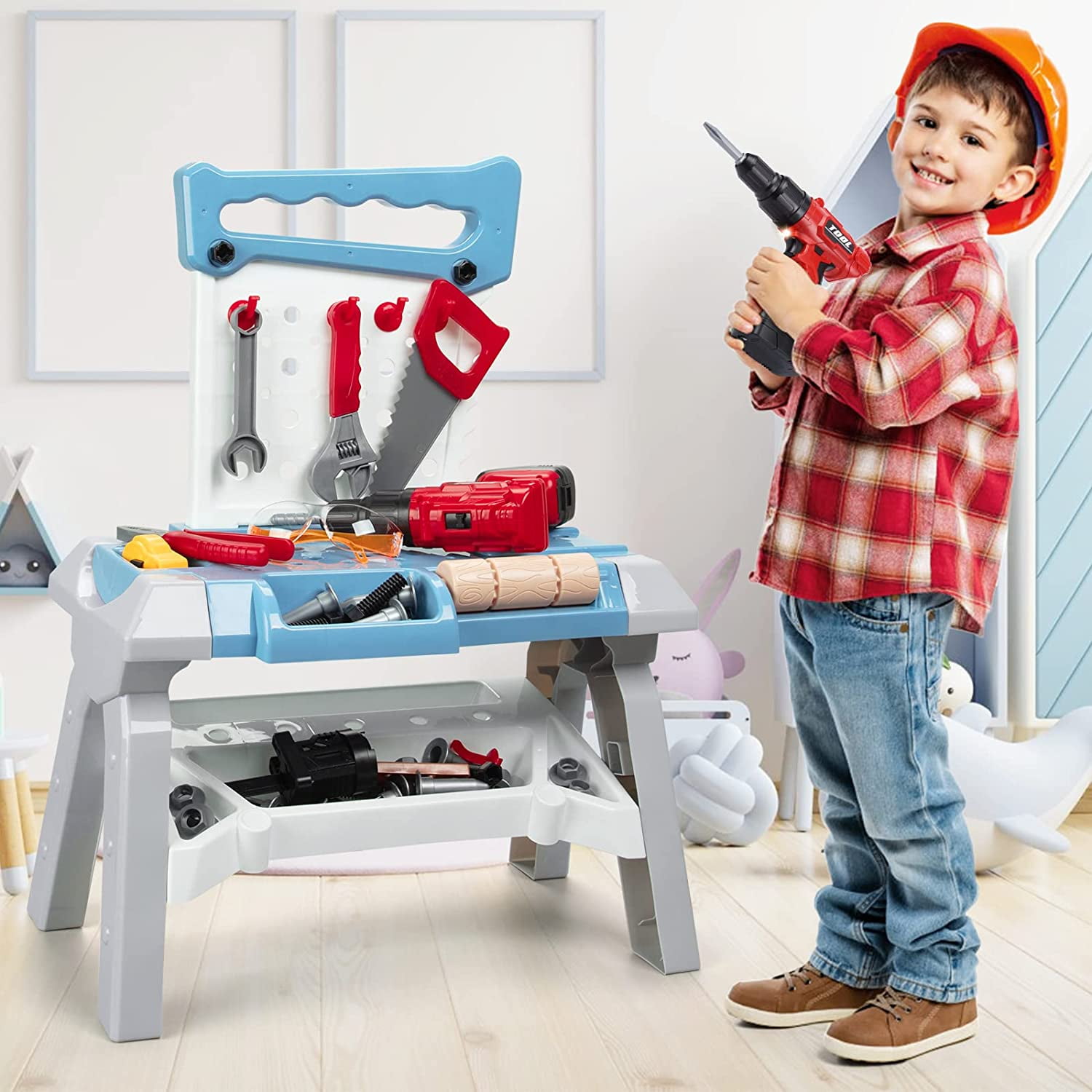  Magic4U Kids Tool Bench Set, 95PCS Toddler Tool Workbench with  Electronic Drill 13 Tool Equipements,Safety Vest & Hat,Pretend Play Kids  Construction Toys Gift for Boys Girls Age 3,4,5,6,7,8 : Toys 