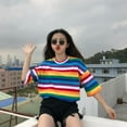 thumbnail image 3 of Hot Sale! Women Rainbow T Shirt Striped O-Neck Half Sleeves Stripes Tee Top Stripped Boyfreid Style Oversize,M-2XL, 3 of 11