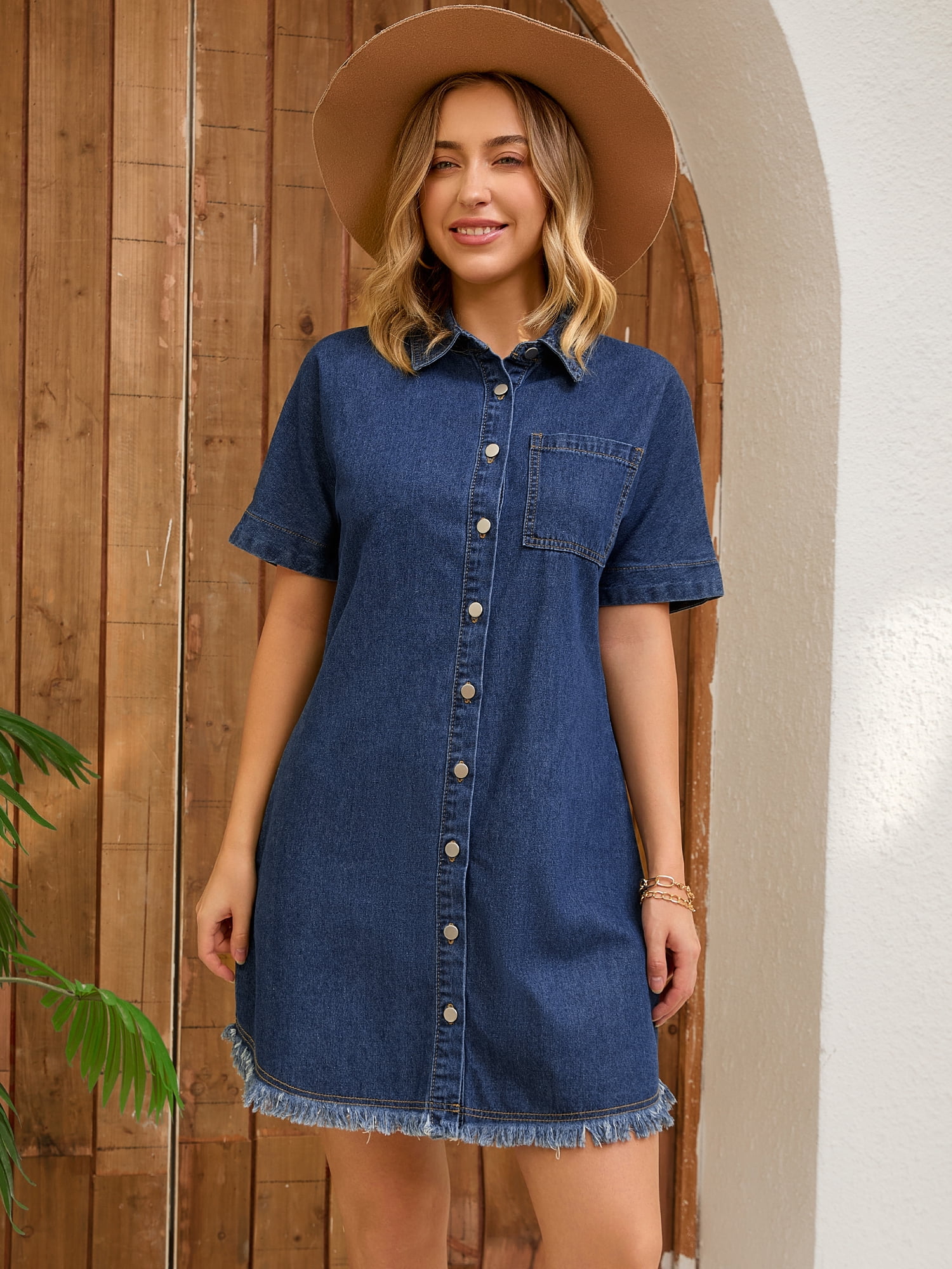 DARING DIVA Short Sleeve Denim Collared Button Front Jean Dress L Dark Blue