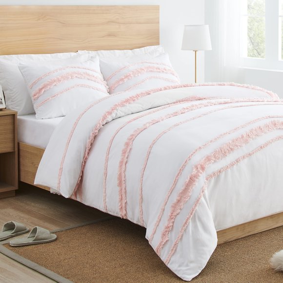 Bohemian Boho Chic White and Pink Macrame Tufted Tassel 2 pc. Twin / Twin XL Size Bed Bedding Set Duvet Comforter Cover / Sham Blush Pink Textured Minimalist Cotton Fringe Farmhouse Indie Dorm Teen