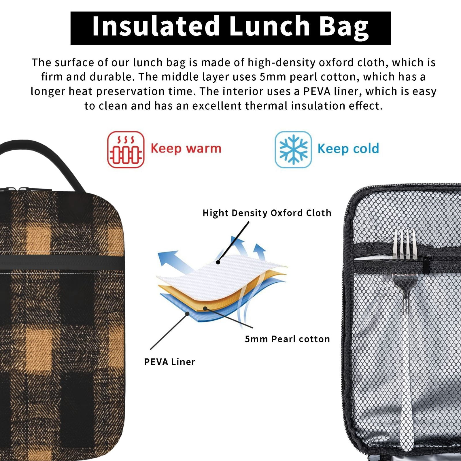 Lunch Bag For Women Men Insulated Portable Lunch Box Bento Box Office Picnic Travel Cooler Bag Argyle Plaid Brown_17043_1