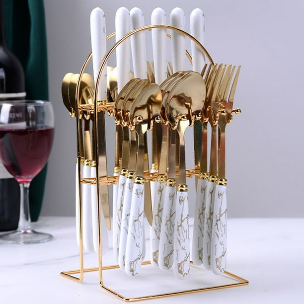 Juego de vajilla de acero inoxidable de 24 piezas, mango de cerámica, patrón, mango de plástico, cuchillo, cuchara y tenedor de estilo occidental