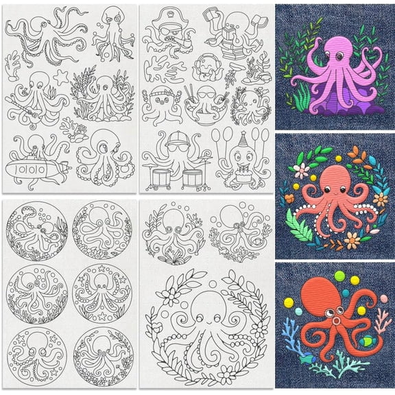 29Pcs Cute Octopus Water Soluble Hand Sewing Stabilizers 8.3"x11.7" Sea Animal Embroidery Pattern Stabilizer 4 Sheets Marine Creature Stick and Stitch Embroidery Paper Sticker