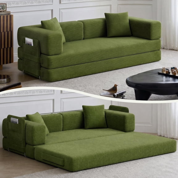 Boneless Couch Bed, Convertible Futon Sleeper Sofa with Reinforced Fixed Strap Support, Deep Seat Comfortable Corduroy Couch, Floor Sofa for Living Room Bedroom