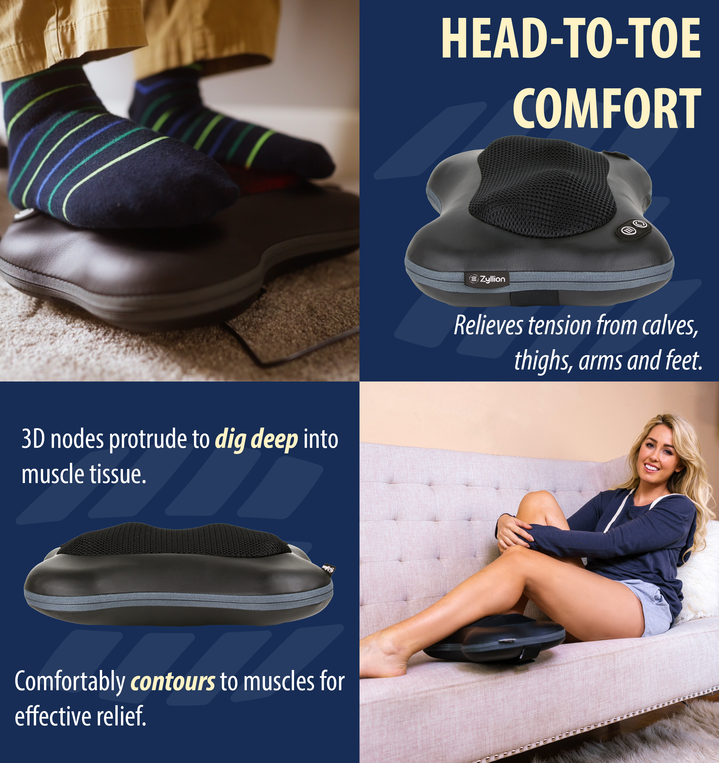 Zyllion Rechargeable Shiatsu Back & Neck Massager 3D Kneading 2-Speed Cordless Massage Pillow with Heat for Muscle Pain, Black