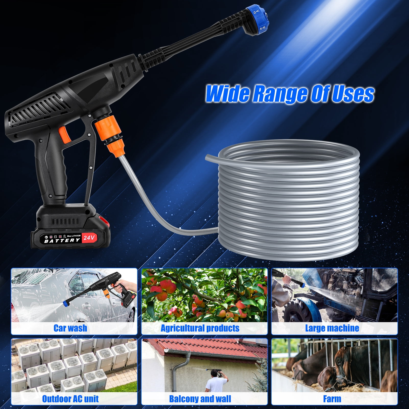 Cordless Pressure Washer, 3300 r/min Portable Cordless Power Washer, 24V 1500mAh Battery Powered Pressure Washer, 6-in-1 Nozzle High Pressure Washer Gun, Handheld Pressure Washer for Car,Home,Garden
