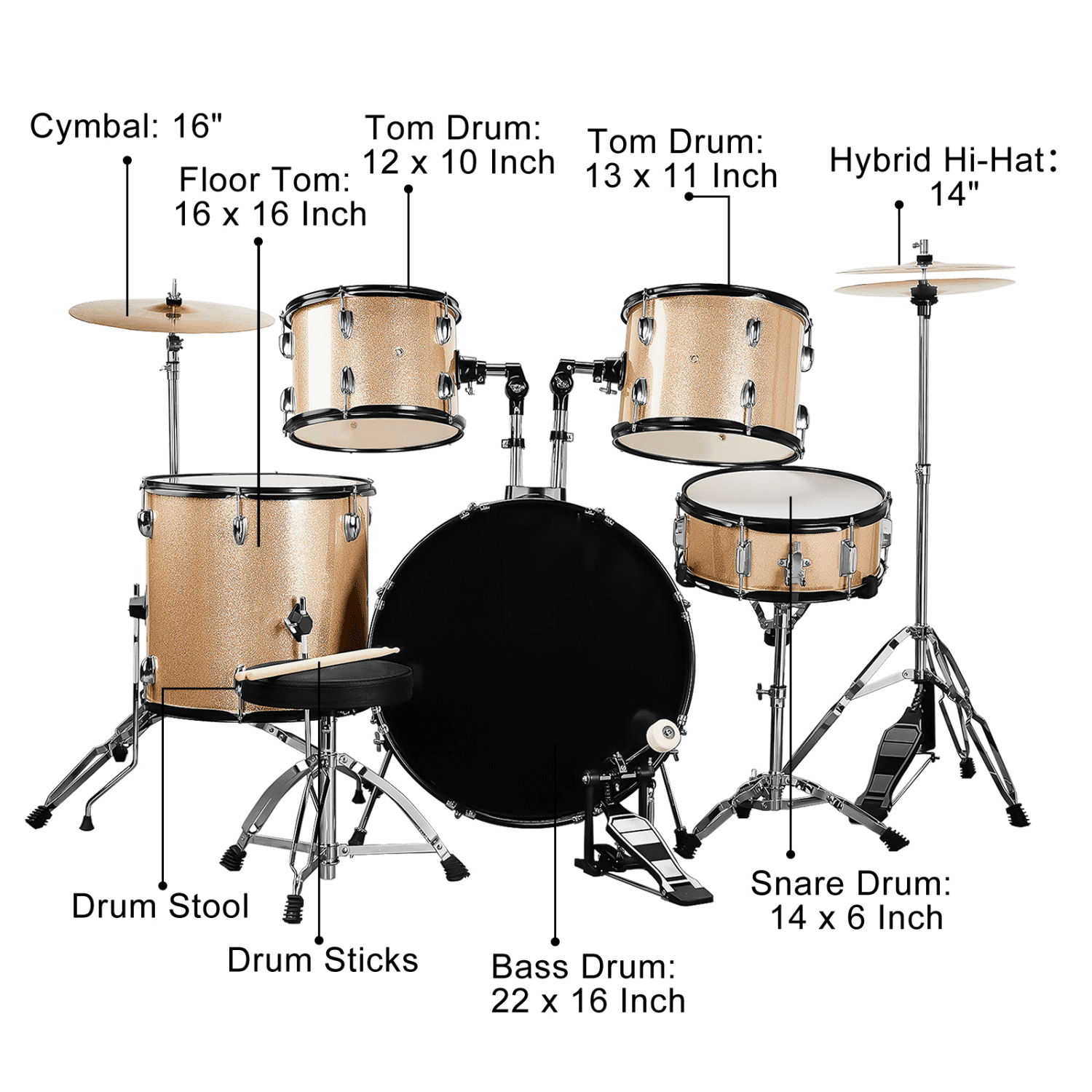 Hassch 5 Piece Beginners Full Size Drum Set, Starter Drum Kit with Stool, Champagne
