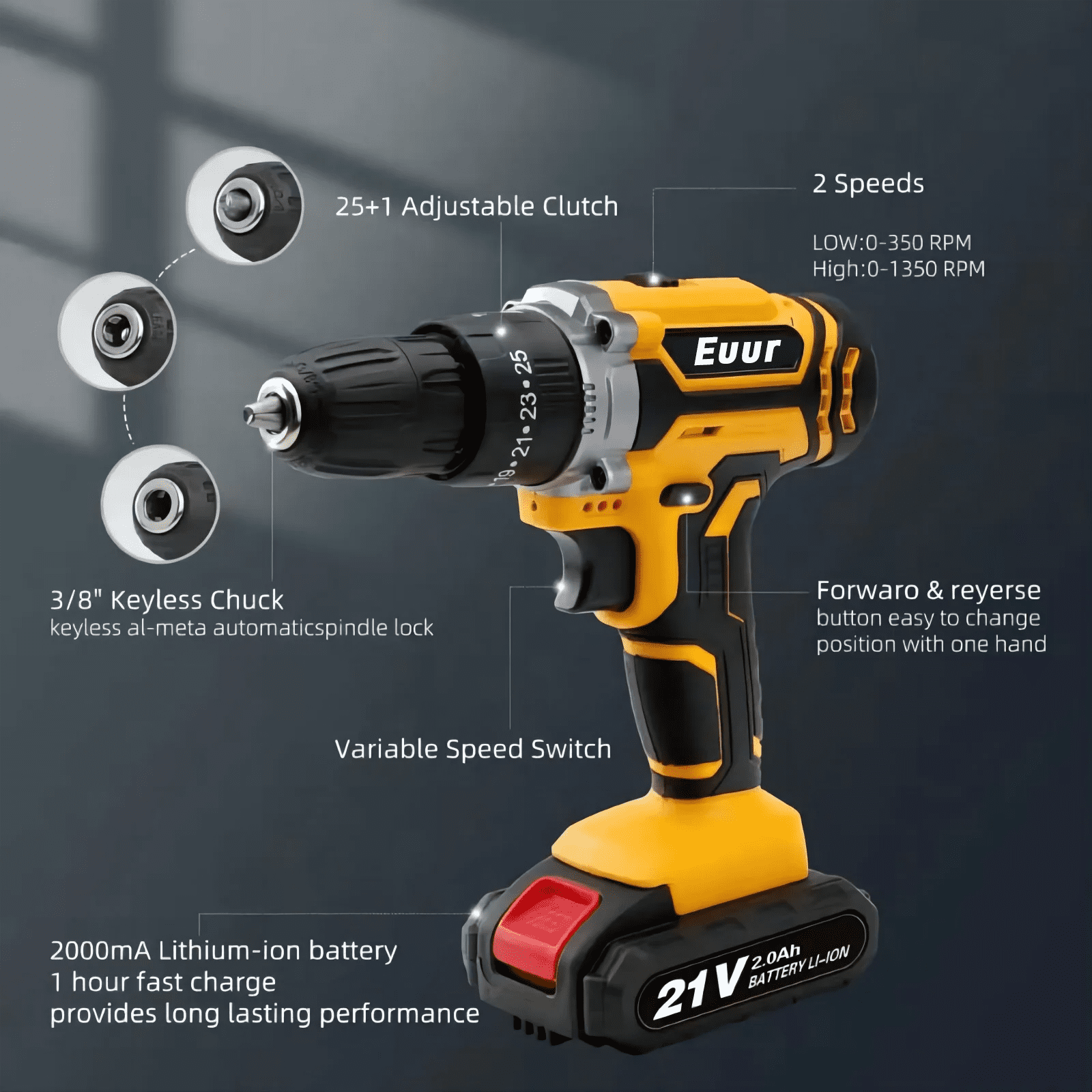 Euur Cordless Drill, 21V Power Drill Set with 2Ah Battery, 3/8"Keyless Chuck, 25+1 Position Electric Drill, 2-Speed Transmission For Screwdriving And Drilling, Yellow