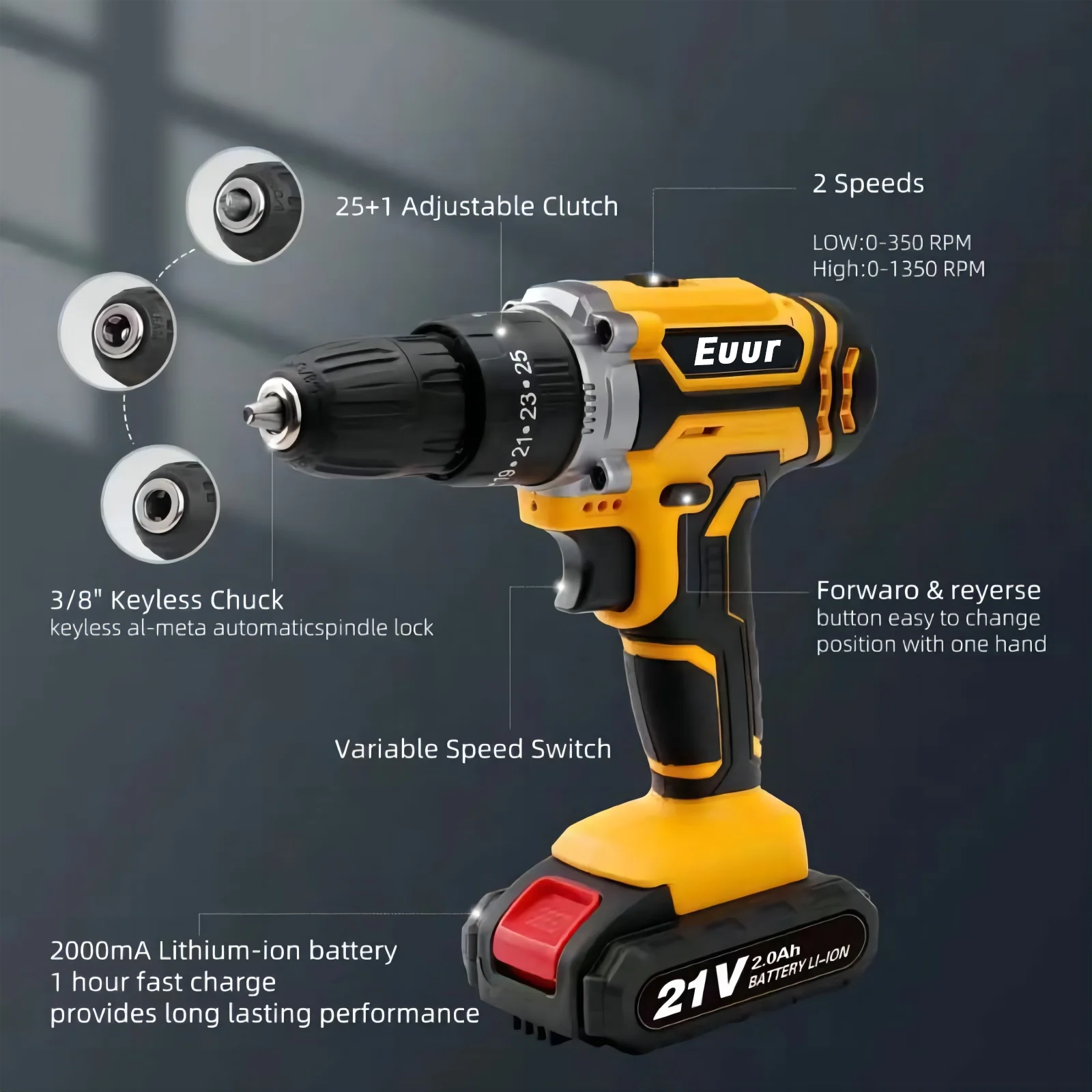 Euur 21V Cordless Drill Set with 2Ah Battery photo 2
