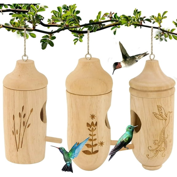 3-Pack Hummingbird House for Outdoor Hanging, Small Natural Wood Bird Nest Kit for Backyard Garden Decor (3.9" x 1.9")