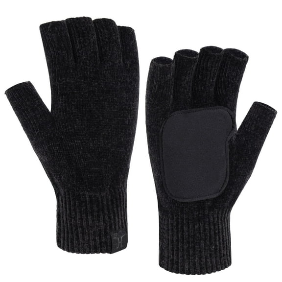 FZ FANTASTIC ZONE Winter Fingerless Gloves for Women Men, Chenille Warm Knit Typing Working Texting Half Finger Gloves with Anti-Slip Leather Gifts