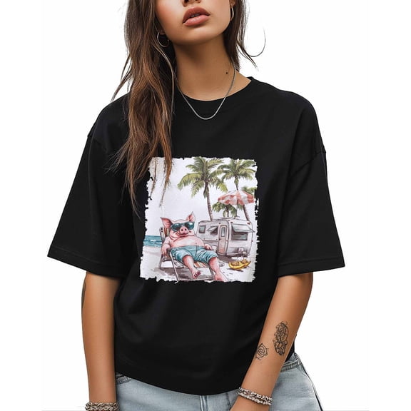T Shirts for Women Short Sleeve Cotton Crewneck T-Shirt, Beach Vacation Palm Tree Camping Car Funny Pig Tee Tops Casual Basic T-Shirts, XS-5XL Black S
