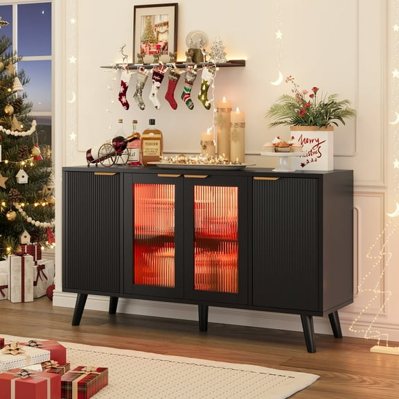 Opohoro 55" Black Sideboard Buffet Cabinet with LED Light, Fluted Glass Doors, Modern Kitchen and Dining Storage