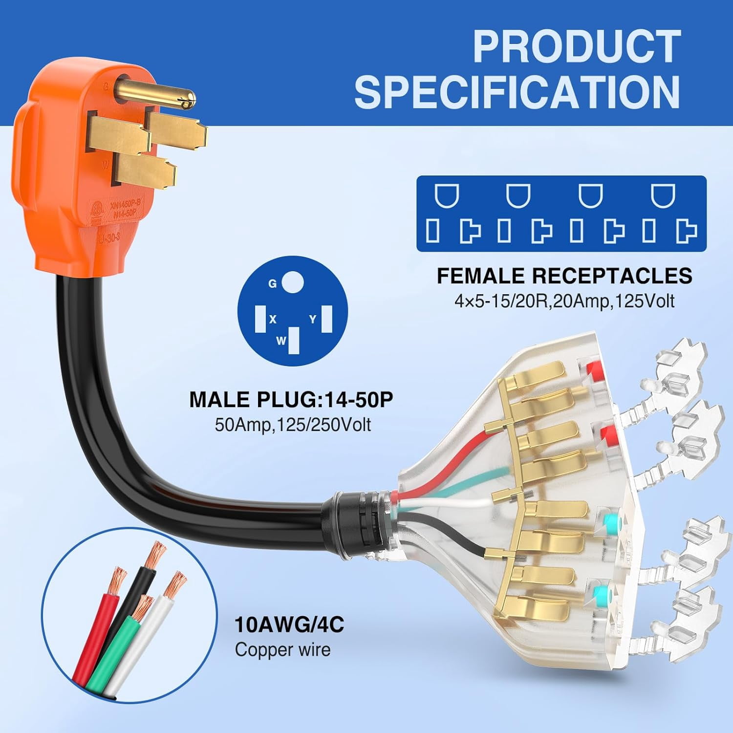 Nilight 50A to 110V RV Adapter Cable 50 Amp to 20A 4Pin 14-50P Plug to 5-15R/5-20R Socket ETL Certified