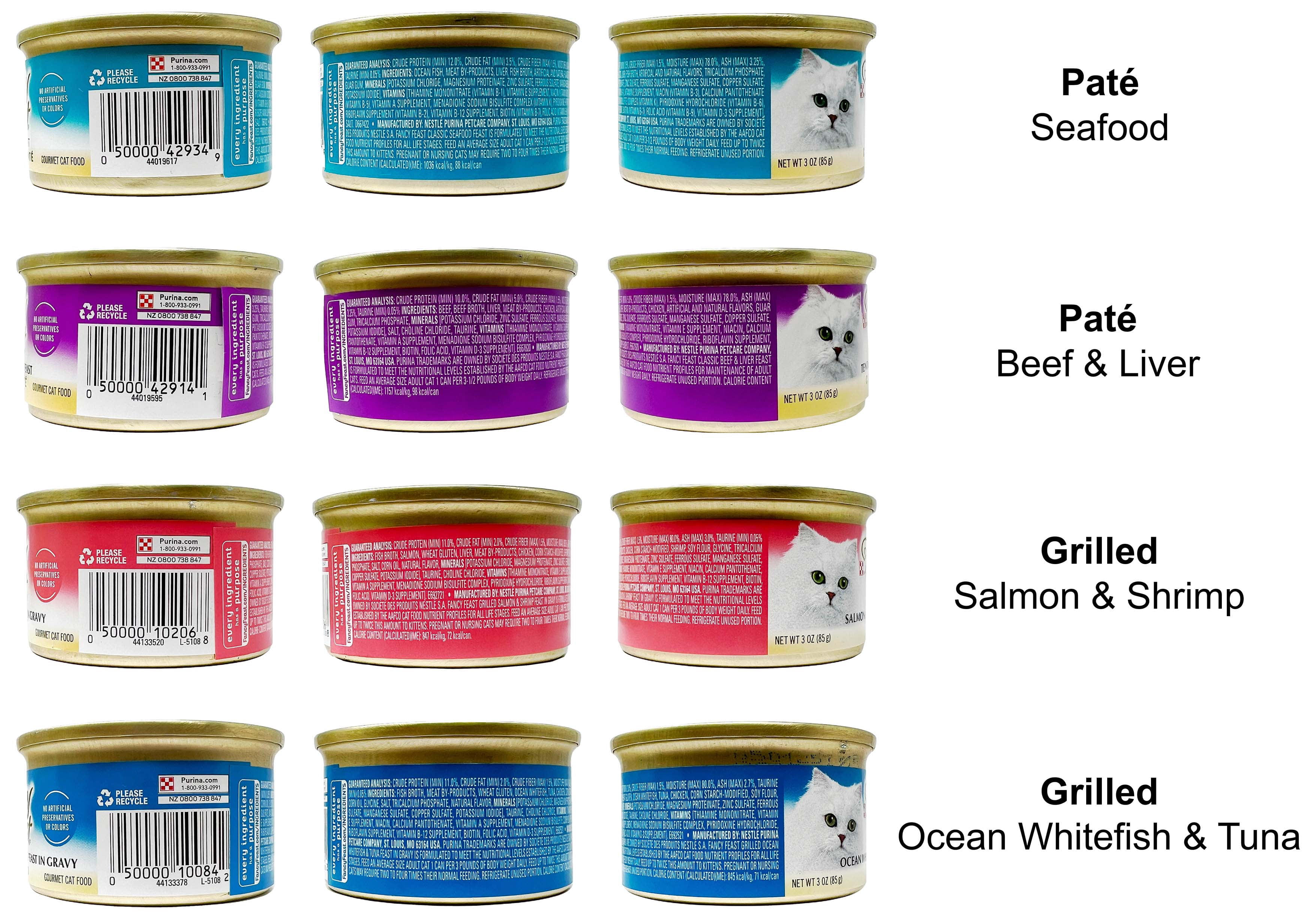 Fancy Feast Adult Cat Food Pates - 4 Flavor Sampler, 2 Each: Seafood Pate, Beef & Liver Pate, Salmon & Shrimp, Ocean Whitefish & Tuna + MerlinsMart Zine | Catnip Toy