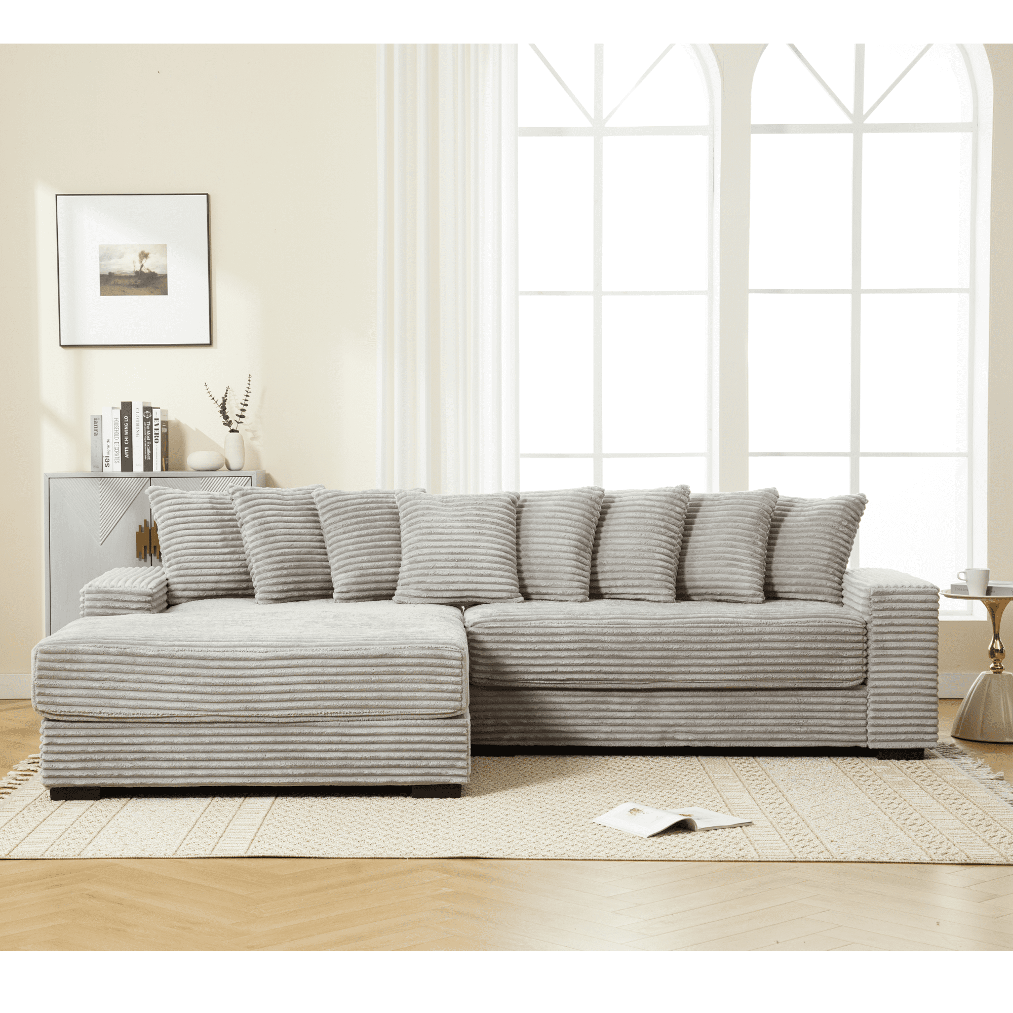 AISWORD 111" Oversized 3-Seat L-Shaped Sectional Sofa with Left Chaise, Luxury Corduroy Fabric Modular Couch with 8 Throw Pillows, Easy Assembly for Living Room