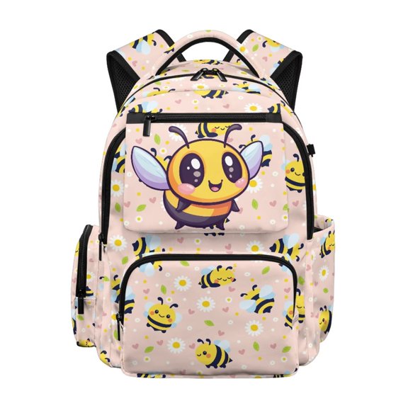 Yspwyqan Backpack for School, 17 Inch Lightweight 600D Polyester Kids Backpack, Multi-Pocket Fits 15.6 Laptop, Cute Bee Daisy Daypack for Elementary Middle Hiking