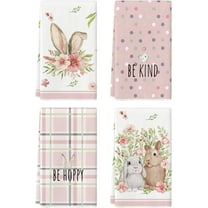 pogooe Pink Bunny Rabbit Ears Floral Leaves Easter Kitchen Towels Dish Towels, 18x26 Inch Be Kind Seasonal Decoration Hand Towels Set of 4