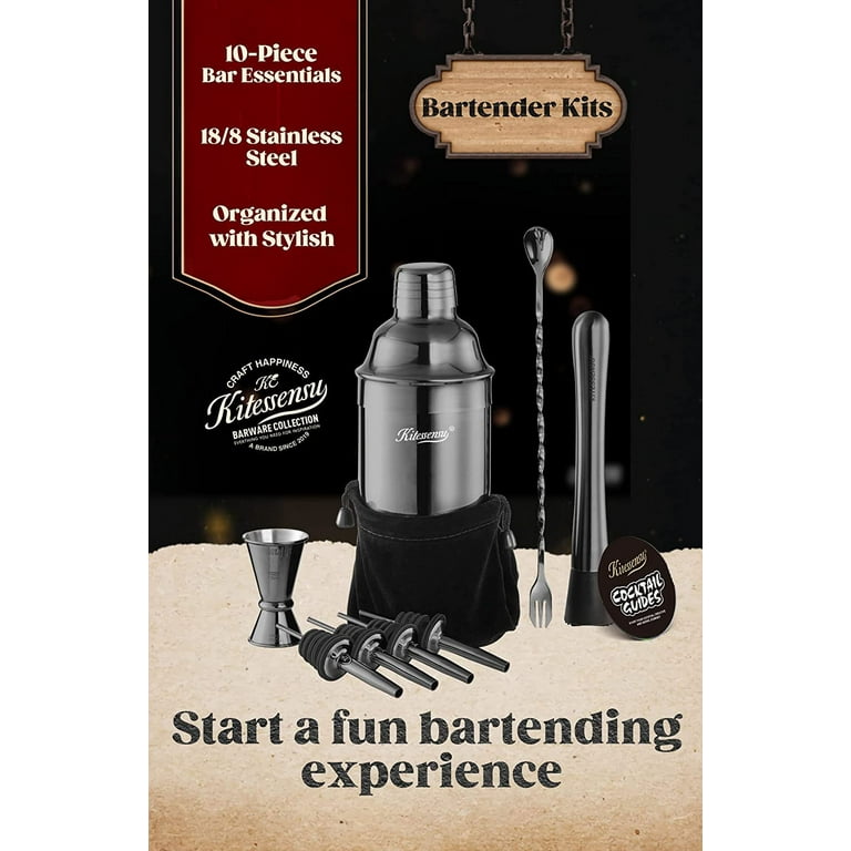  KITESSENSU Cocktail Shaker Set Bartender Kit with Stand, Bar  Set Drink Mixer Set with All Essential Accessory Tools: Martini Shaker,  Jigger, Strainer, Mixer Spoon, Muddler, Liquor Pourers
