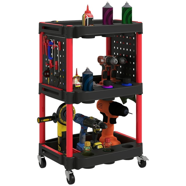 HOMCOM 3-Tier Rolling Tool Cart with Wheels, Plastic Utility Cart, Black