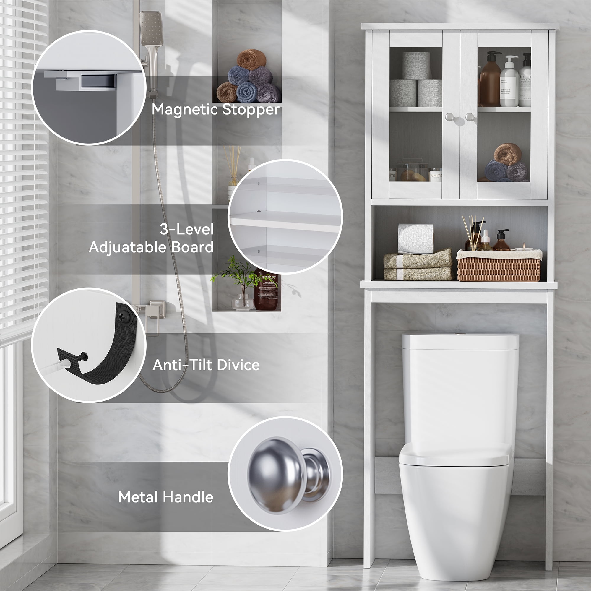 Walsunny Over The Toilet Storage Cabinet Bathroom Shelves Organizer Space Saver Freestanding Restroom Shelf with Tempered Glass Doors Anti-Tip Device Adjustable Shelf White